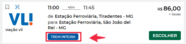 Print da sinalização para escolha da reserva meia ou inteira.