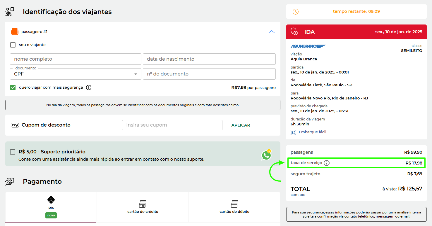 Screenshot showing an example order and the service fee location.