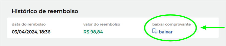 Print de tela com destaque para botão de baixar comprovante de reembolso